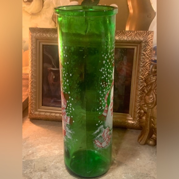 Green Glass Jar For Christmas Candle Boy Building Snowman And Dog Watching 70’s - Picture 5 of 8